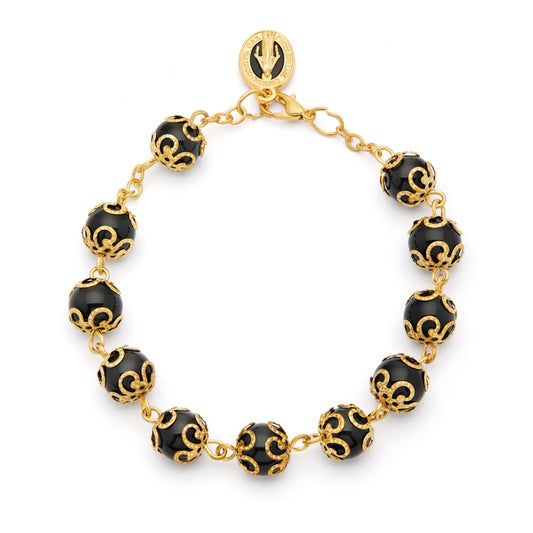 MONDO CATTOLICO ROMA Bracelet 21 cm (8.27 in) / 8 mm (0.31 in) Gold-tone Bracelet with Black Crystal Beads and Filigree Bead Caps