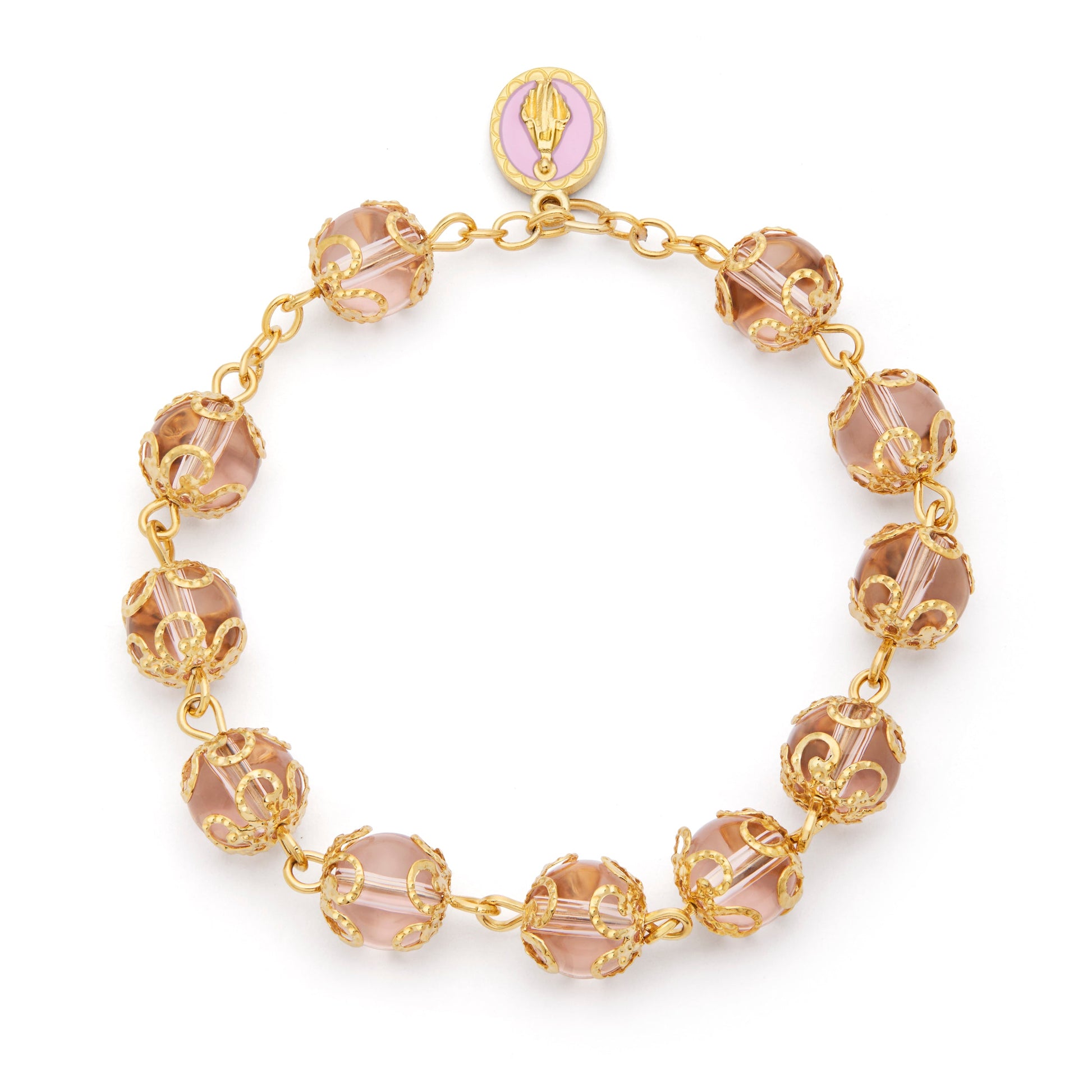 MONDO CATTOLICO ROMA Bracelet 21 cm (8.27 in) / 8 mm (0.31 in) Gold-tone Bracelet with Filigree-Cotter Pinned Pink Crystal Beads