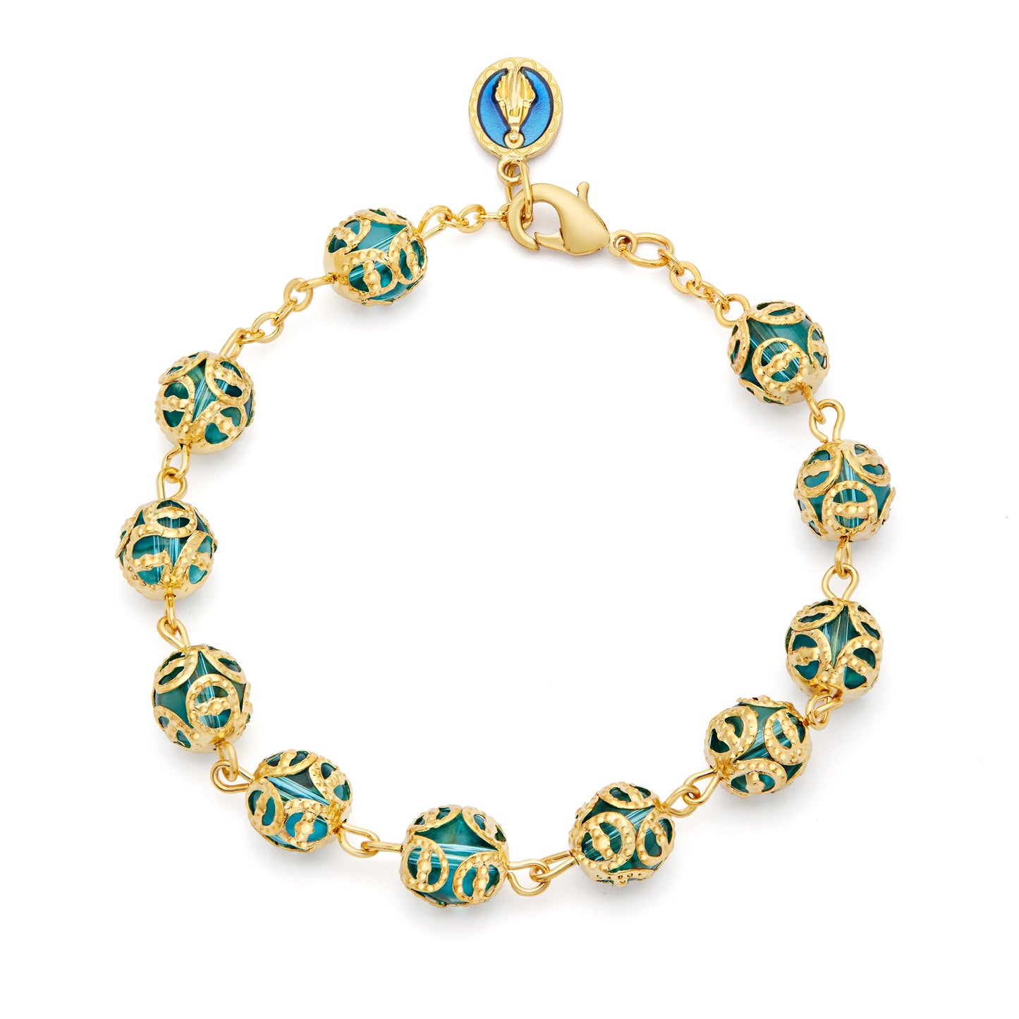 MONDO CATTOLICO ROMA Bracelet 21 cm (8.27 in) / 8 mm (0.31 in) Gold-tone Bracelet with Light Blue Crystal Beads and Bead Caps