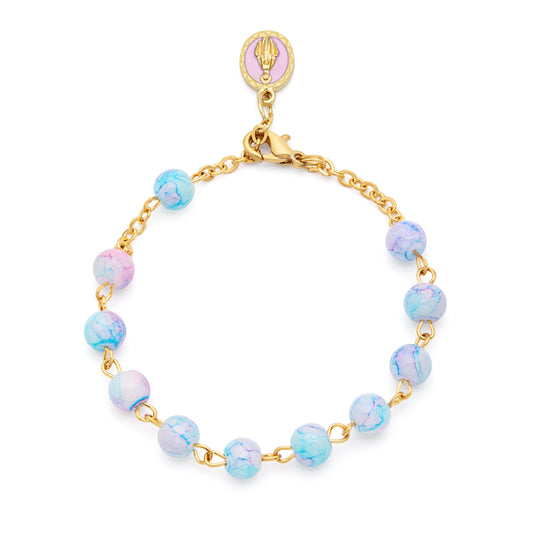 MONDO CATTOLICO ROMA Bracelet 20 cm (7.87 in) / 6 mm (0.24 in) Gold-tone Bracelet with Pink and Light Blue Variegated Beads