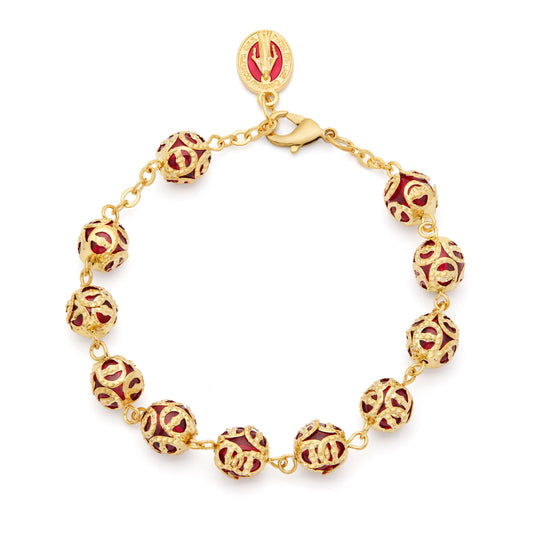 MONDO CATTOLICO ROMA Bracelet 21 cm (8.27 in) / 8 mm (0.31 in) Gold-tone Bracelet with Red Crystal Beads and Bead Caps