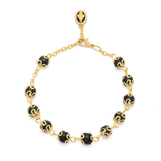 MONDO CATTOLICO ROMA Bracelet 20 cm (7.87 in) / 6 mm (0.24 in) Gold-tone Bracelet with Small Black Crystal Beads and Filigree Bead Caps