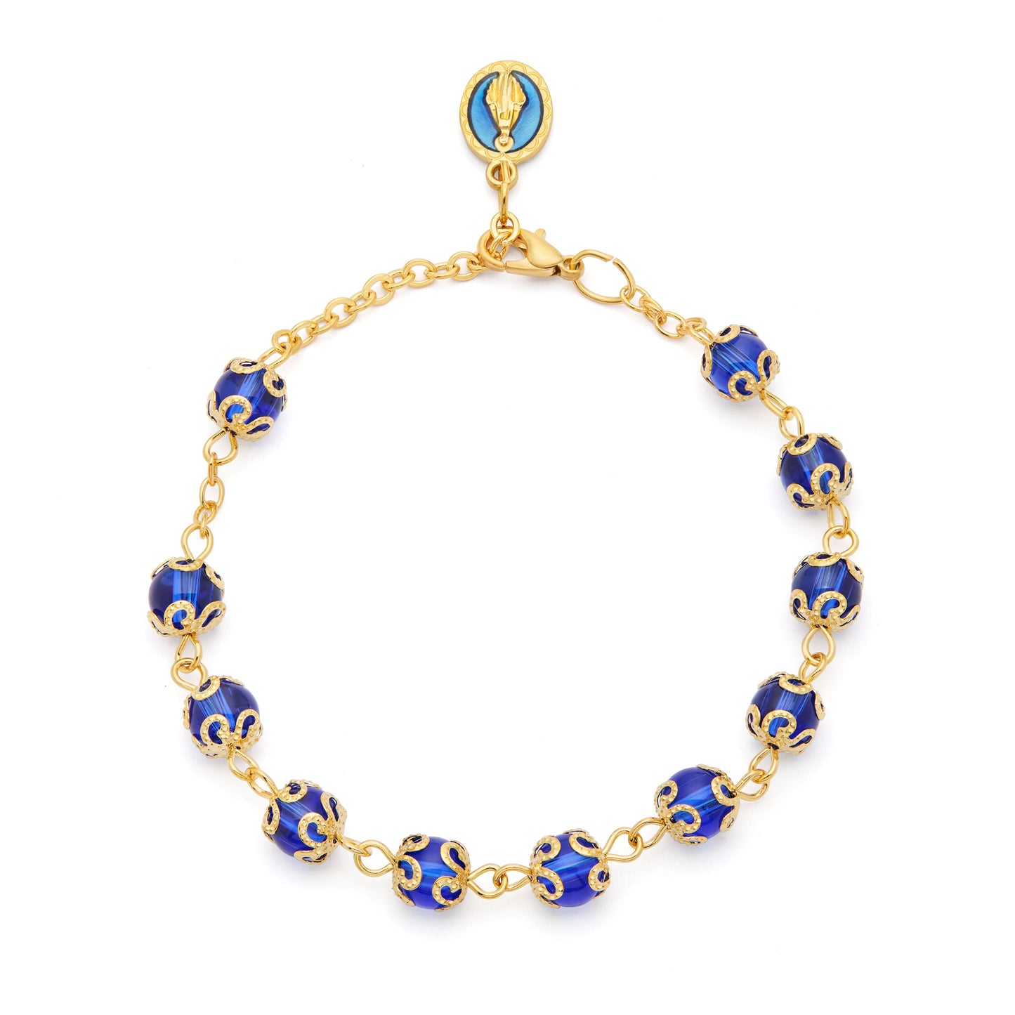 MONDO CATTOLICO ROMA Bracelet 20 cm (7.87 in) / 6 mm (0.24 in) Gold-tone Bracelet with Small Blue Crystal Beads and Filigree Bead Caps