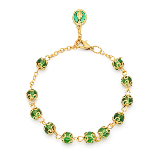 MONDO CATTOLICO ROMA Bracelet 20 cm (7.87 in) / 6 mm (0.24 in) Gold-tone Bracelet with Small Green Crystal Beads and Filigree Bead Caps