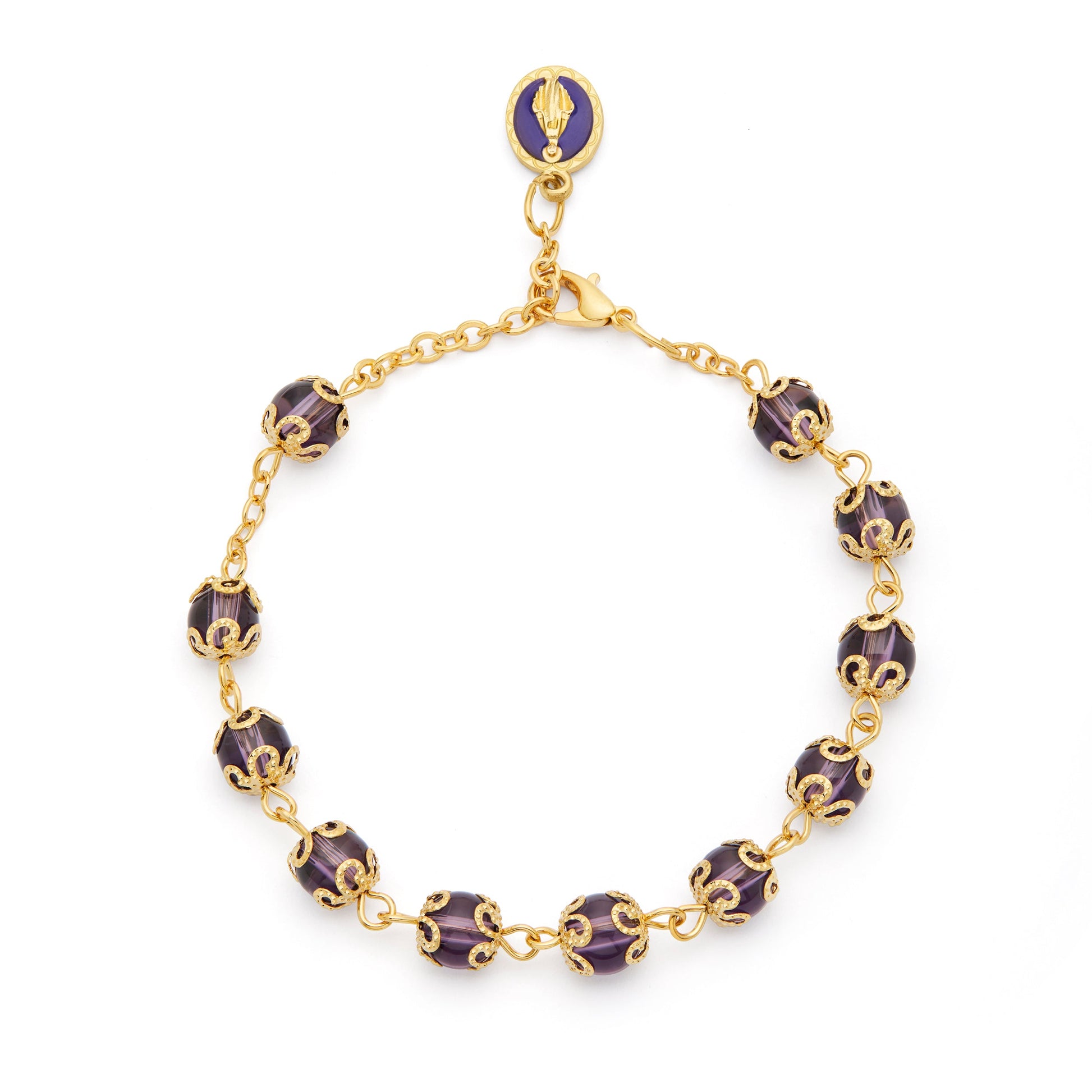 MONDO CATTOLICO ROMA Bracelet 20 cm (7.87 in) / 6 mm (0.24 in) Gold-tone Bracelet with Small Purple Crystal Beads and Filigree Bead Caps