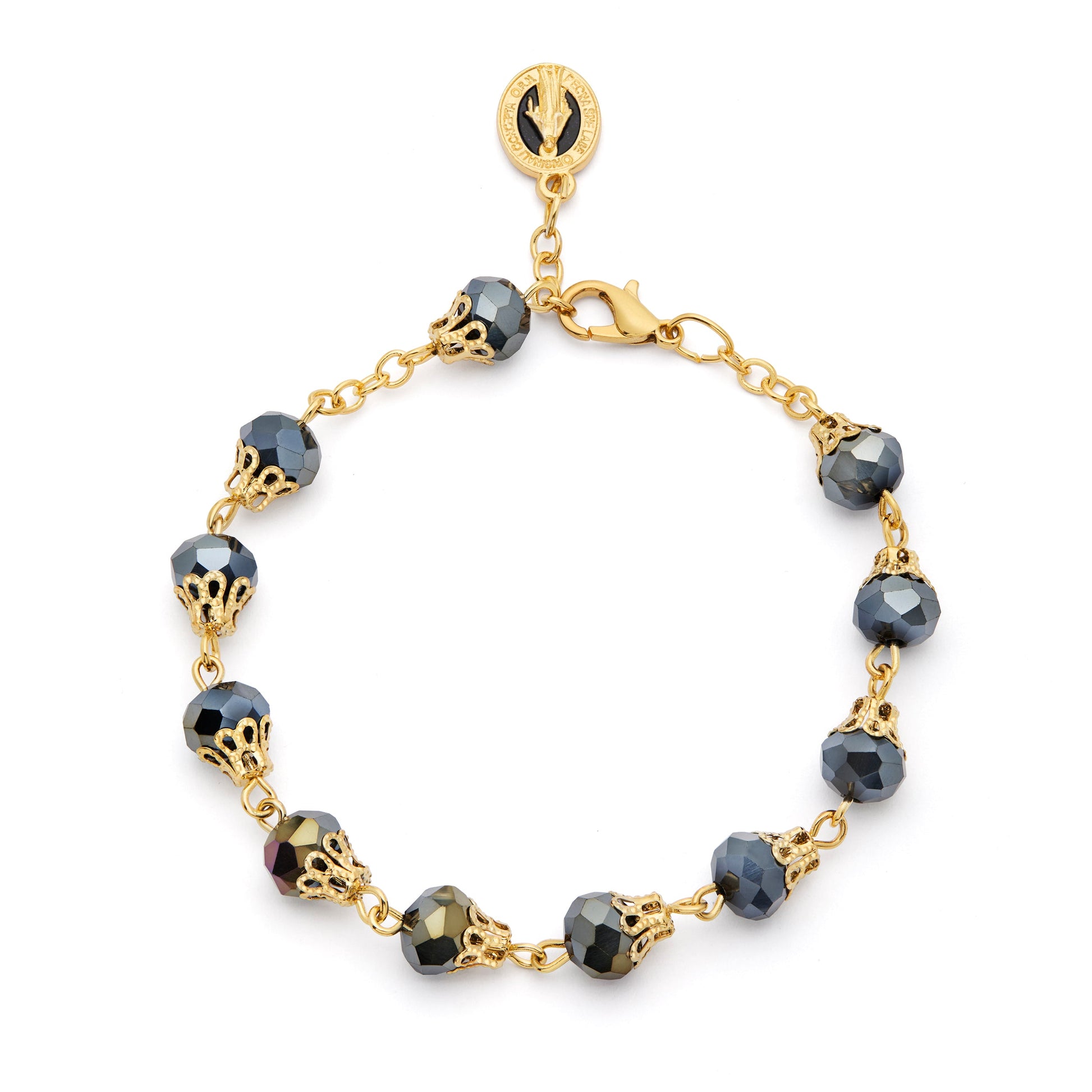 MONDO CATTOLICO ROMA Bracelet 22 cm (8.66 in) / 7 mm (0.28 in) Gold-tone Rosary Bracelet with Black Crystal Beads and Balloon-shaped Bead Caps