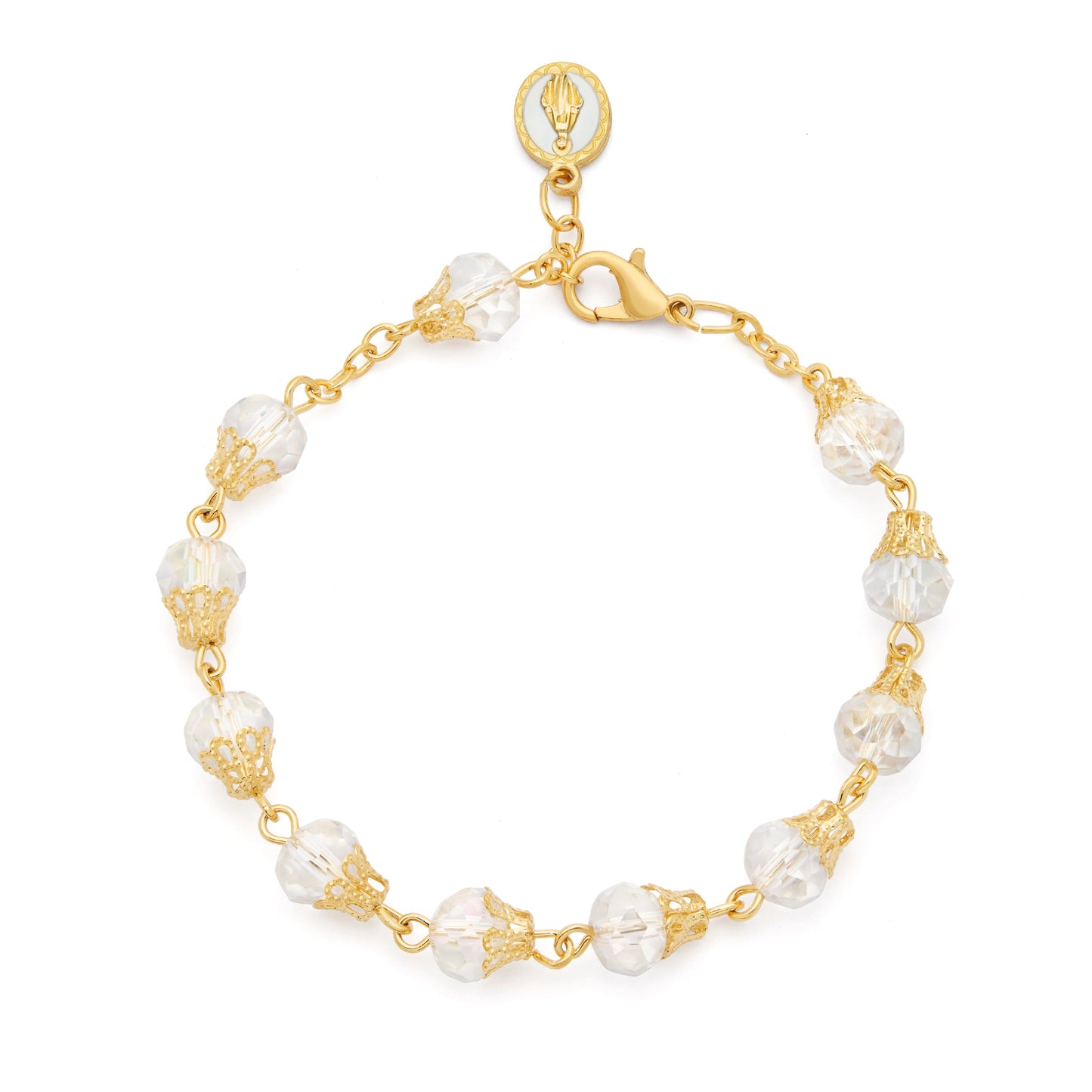 MONDO CATTOLICO ROMA Bracelet 22 cm (8.66 in) / 7 mm (0.28 in) Gold-tone Rosary Bracelet with Clear Crystal Beads and Balloon-shaped Bead Caps