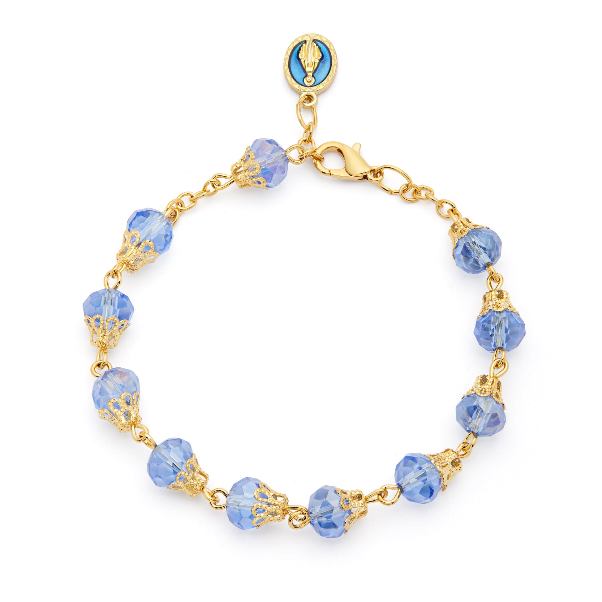 MONDO CATTOLICO ROMA Bracelet 22 cm (8.66 in) / 7 mm (0.28 in) Gold-tone Rosary Bracelet with Light Blue Crystal Beads and Balloon-shaped Bead Caps