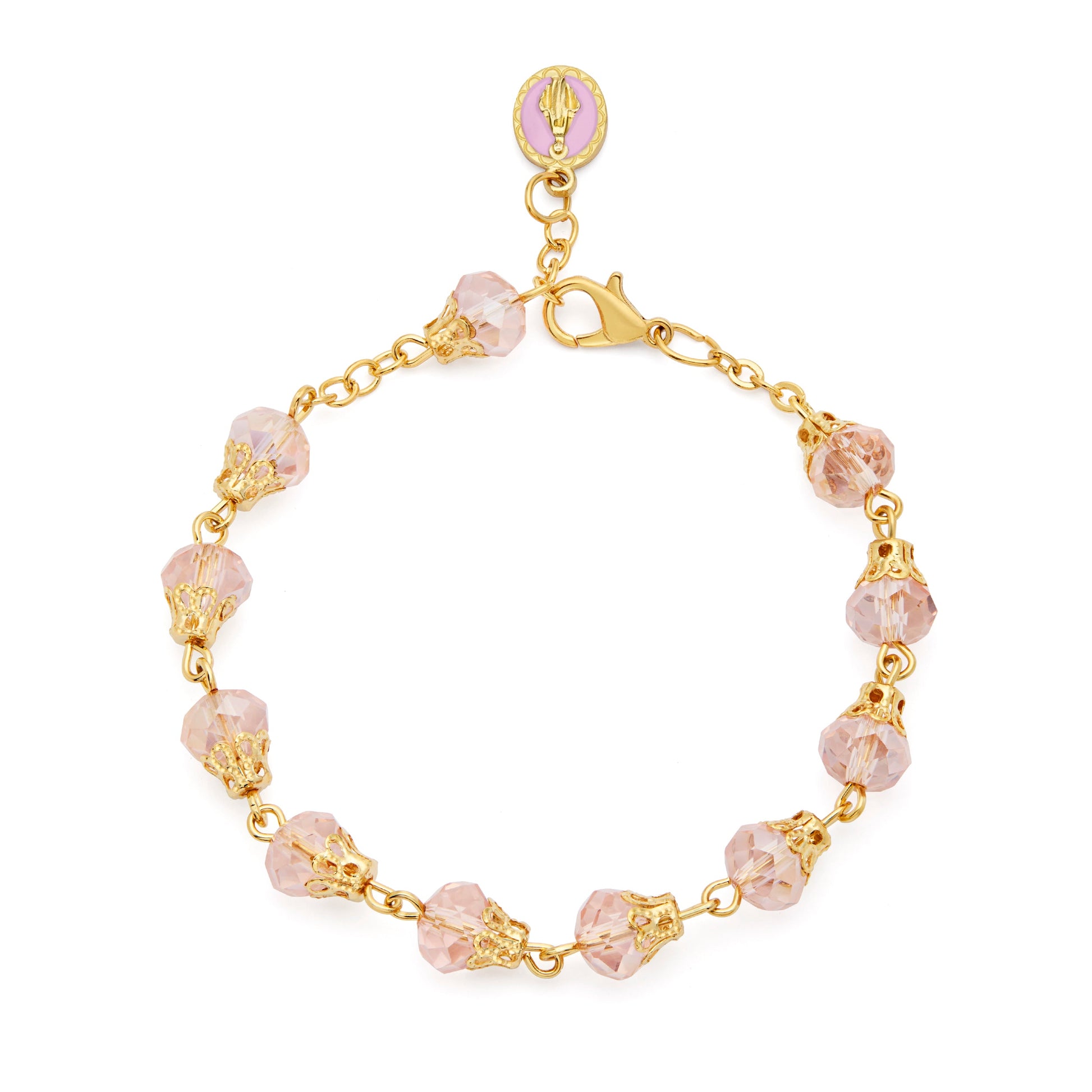 MONDO CATTOLICO ROMA Bracelet 22 cm (8.66 in) / 7 mm (0.28 in) Gold-tone Rosary Bracelet with Pink Crystal Beads and Balloon-shaped Bead Caps