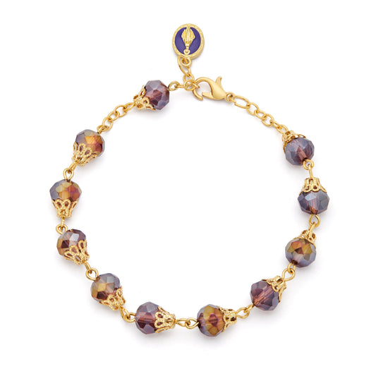 MONDO CATTOLICO ROMA Bracelet 22 cm (8.66 in) / 7 mm (0.28 in) Gold-tone Rosary Bracelet with Purple Crystal Beads and Balloon-shaped Bead Caps