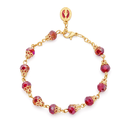 MONDO CATTOLICO ROMA Bracelet 22 cm (8.66 in) / 7 mm (0.28 in) Gold-tone Rosary Bracelet with Red Crystal Beads and Balloon-shaped Bead Caps