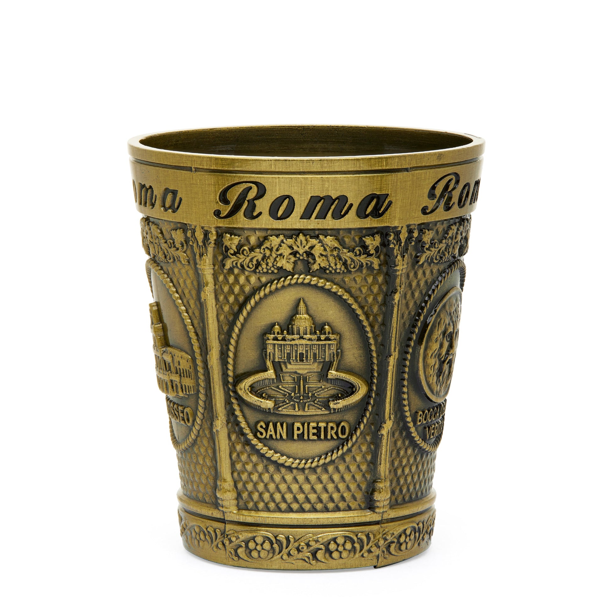 Mondo Cattolico Shot Glass 5.50 cm (2.17 in) Gold-toned Metal Shot Glass featuring St. Peter's Basilica and Colosseum