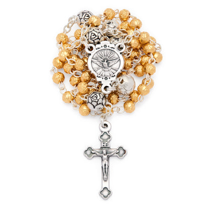 MONDO CATTOLICO ROMA Rosary Box 4x4.5 cm (1.57x1.77 in) / 4 mm (0.15 in) / 32 cm (12.6 in) Golden Rosary Case With Holy Spirit and Rose-shaped Beads Rosary