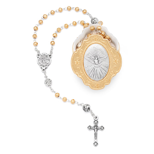 MONDO CATTOLICO ROMA Rosary Box 4x4.5 cm (1.57x1.77 in) / 4 mm (0.15 in) / 32 cm (12.6 in) Golden Rosary Case With Holy Spirit and Rose-shaped Beads Rosary