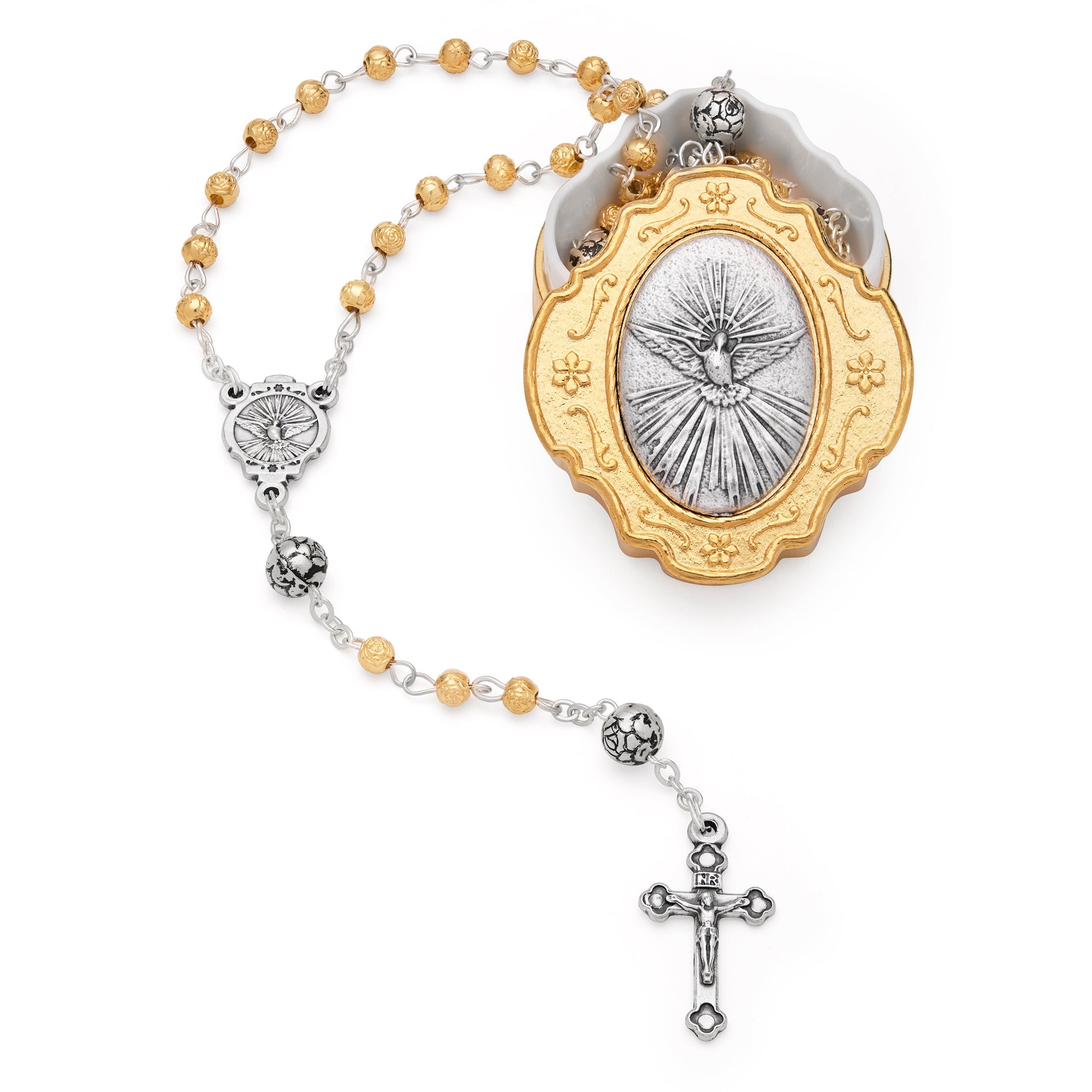 MONDO CATTOLICO ROMA Rosary Box 4x4.5 cm (1.57x1.77 in) / 4 mm (0.15 in) / 32 cm (12.6 in) Golden Rosary Case With Holy Spirit and Rose-shaped Beads Rosary