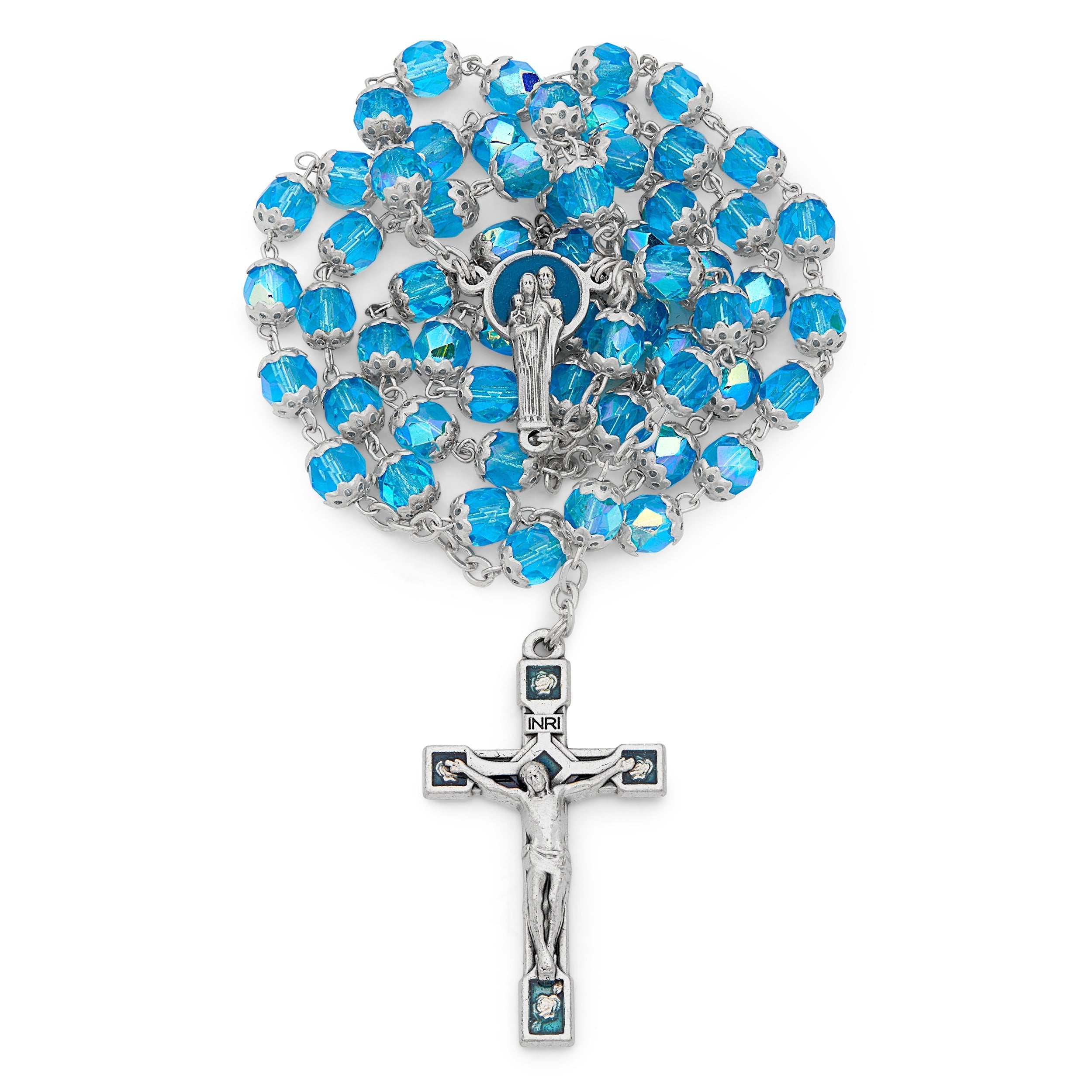 Newest Rosary~Catholic~gift~mint green~shiny~silver leaf bead caps~glass beads~holy family centerpiece~crucifix~crystal~chain~christmas~sacraments