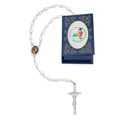 MONDO CATTOLICO ROMA Rosary Box 4x5.50 cm (1.57x2.17 in) / 7 mm (0.28 in) / 53 cm (20.87 in) Jubilee 2025 Blue Rosary Case with Synthetic Pearl Rosary