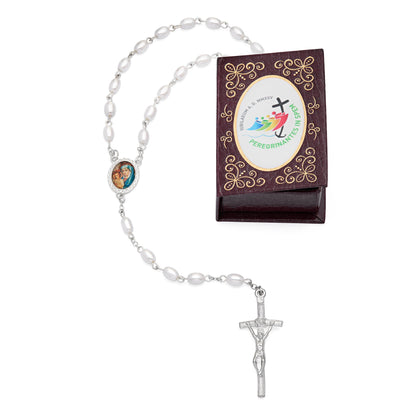 MONDO CATTOLICO ROMA Rosary Box 4x5.50 cm (1.57x2.17 in) / 7 mm (0.28 in) / 53 cm (20.87 in) Jubilee 2025 Brown Rosary Case with Synthetic Pearl Rosary