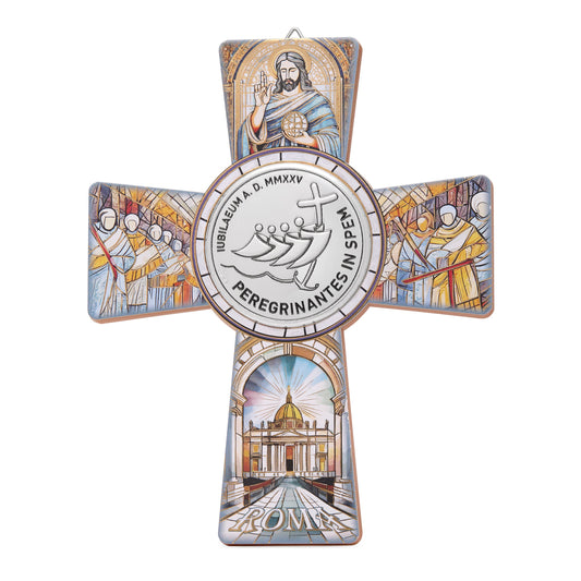 MONDO CATTOLICO ROMA Cross 12x15 cm (4.72x5.91 in) Jubilee 2025 Wooden Cross with a Microsilver Logo Plaque