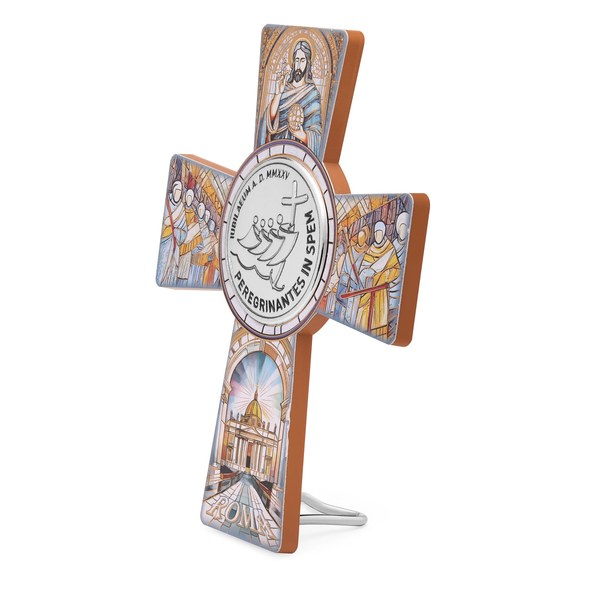 MONDO CATTOLICO ROMA Cross 12x15 cm (4.72x5.91 in) Jubilee 2025 Wooden Cross with a Microsilver Logo Plaque