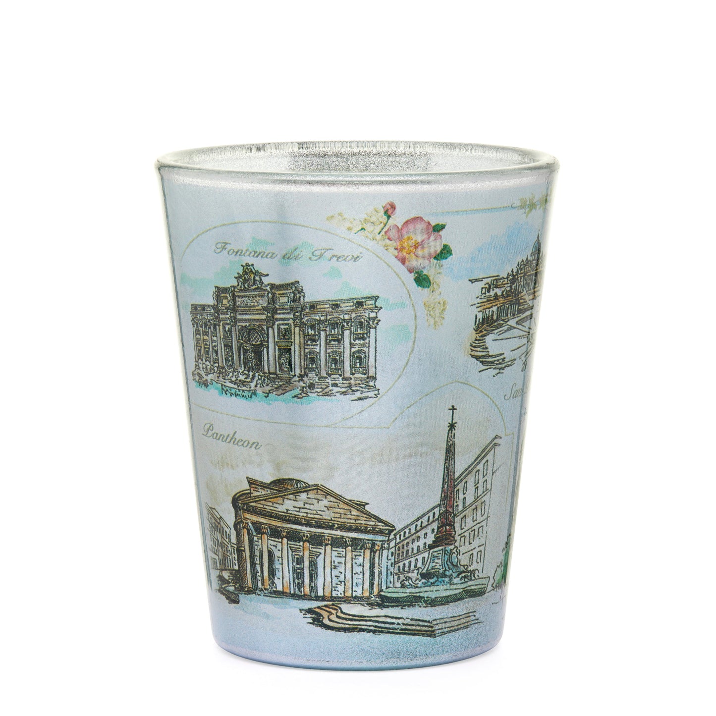 Mondo Cattolico Shot Glass 5.50 cm (2.17 in) Light Blue Souvenir Shot Glass with Rome's Monuments