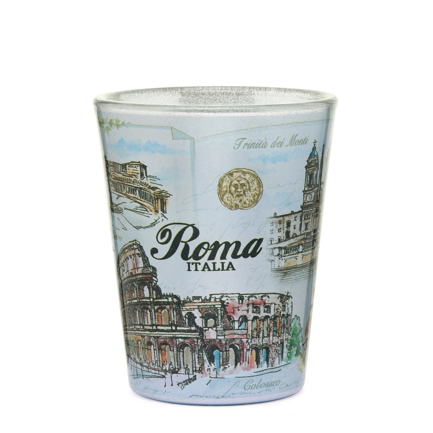 Mondo Cattolico Shot Glass 5.50 cm (2.17 in) Light Blue Souvenir Shot Glass with Rome's Monuments