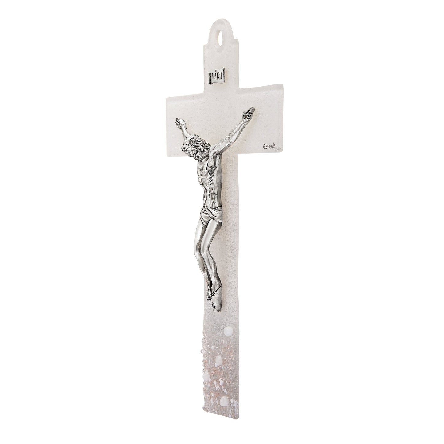 MONDO CATTOLICO ROMA Cross 24 cm (9.45 in) Light Ivory Murano Glass Crucifix with Flowers