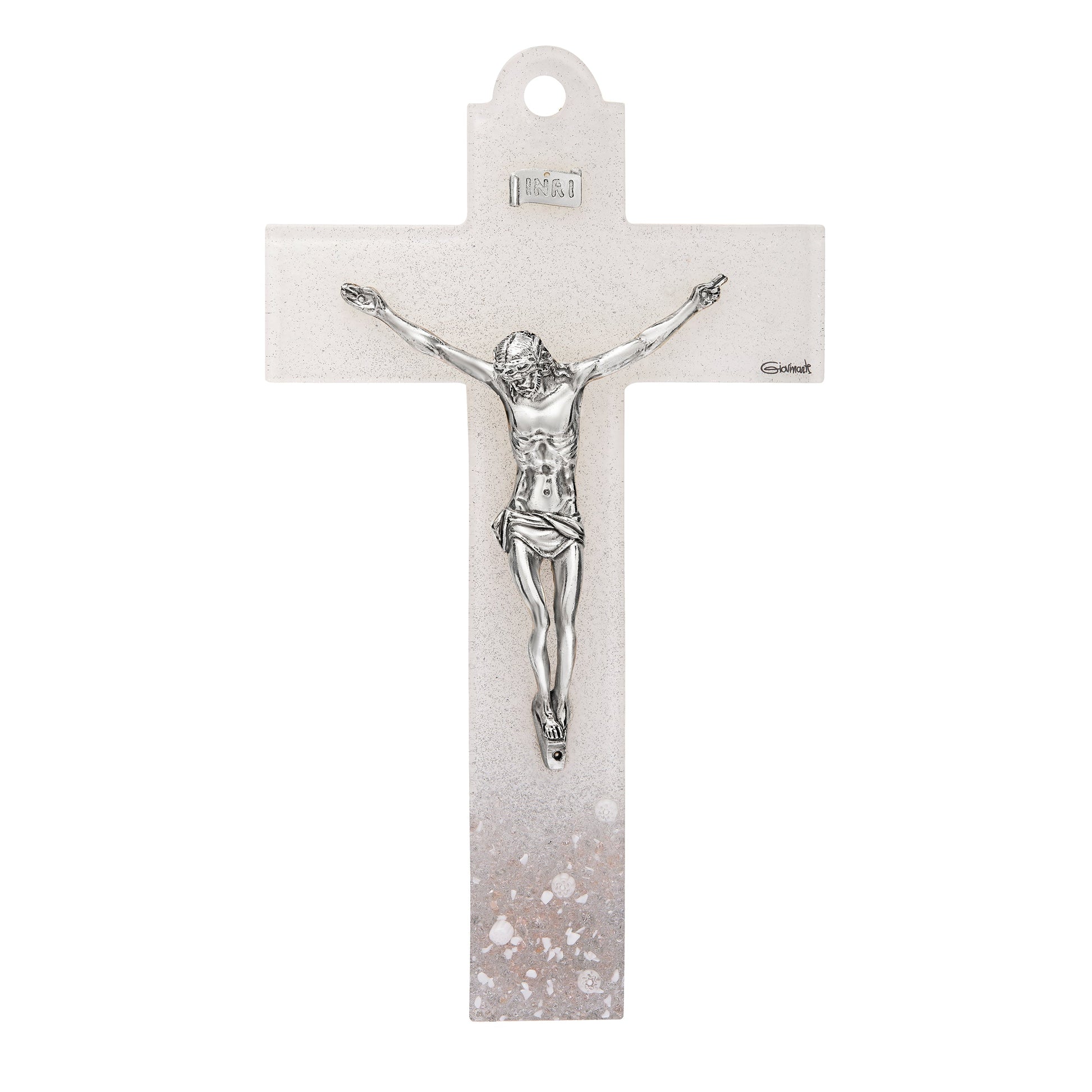 MONDO CATTOLICO ROMA Cross 24 cm (9.45 in) Light Ivory Murano Glass Crucifix with Flowers