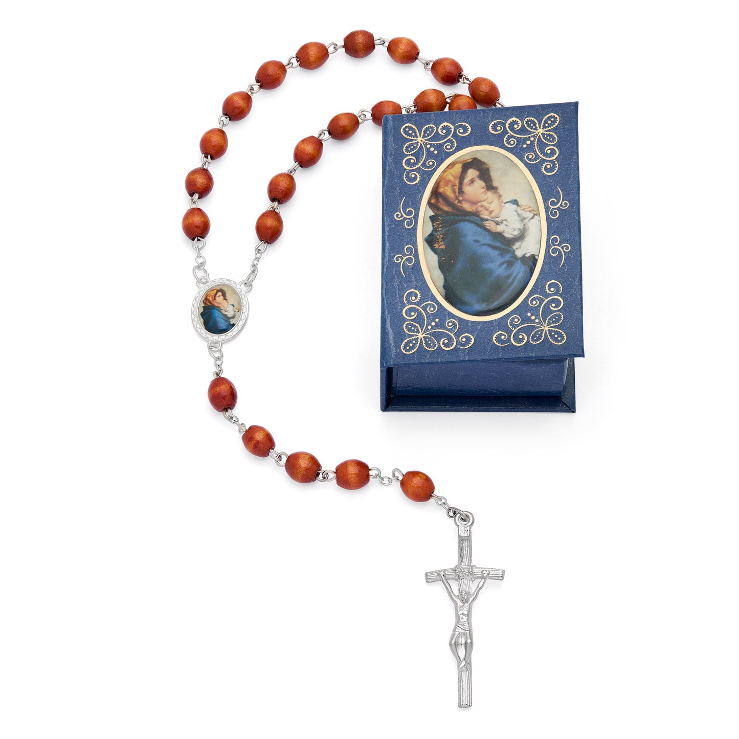 MONDO CATTOLICO ROMA Rosary Box 4x5.50 cm (1.57x2.17 in) / 7 mm (0.28 in) / 53 cm (20.90 in) Madonnina of Ferruzzi Blue Rosary Case with Wood Rosary