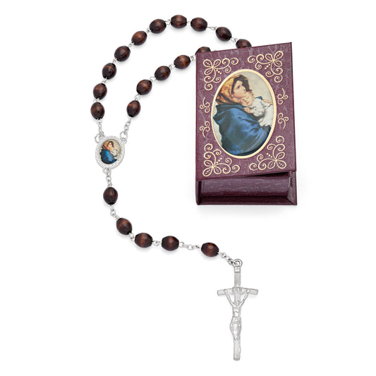 MONDO CATTOLICO ROMA Rosary Box 4x5.50 cm (1.57x2.17 in) / 7 mm (0.28 in) / 53 cm (20.90 in) Madonnina of Ferruzzi Brown Rosary Case with Wood Rosary