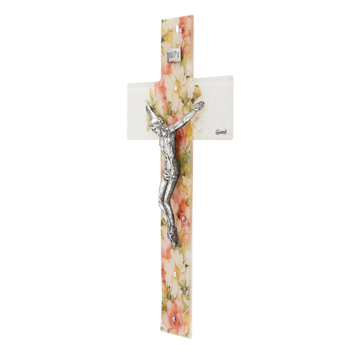 MONDO CATTOLICO ROMA Cross 21 cm (8.27 in) Murano Glass Crucifix with Central Floral Pattern