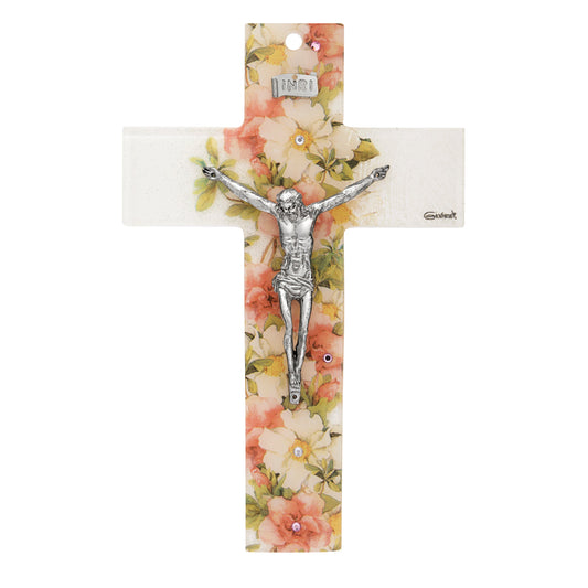 MONDO CATTOLICO ROMA Cross 21 cm (8.27 in) Murano Glass Crucifix with Central Floral Pattern