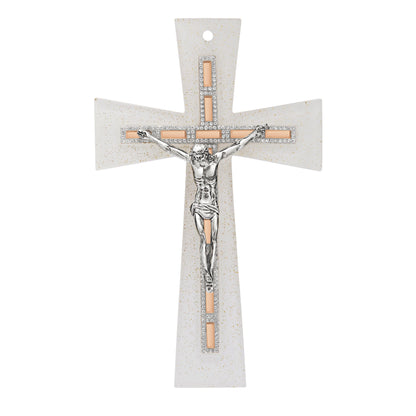 MONDO CATTOLICO ROMA Cross 21 cm (8.27 in) Murano Glass Crucifix with White and Brown Rhinestones