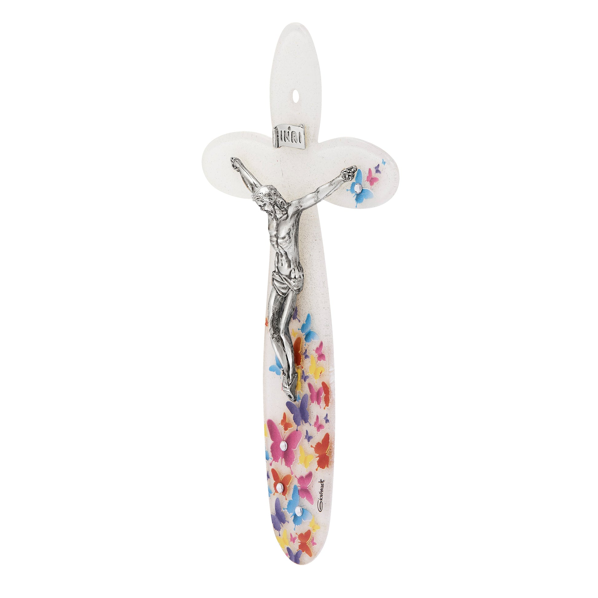 MONDO CATTOLICO ROMA Cross 21 cm (8.27 in) Murano Glass Rounded Crucifix with Butterflies