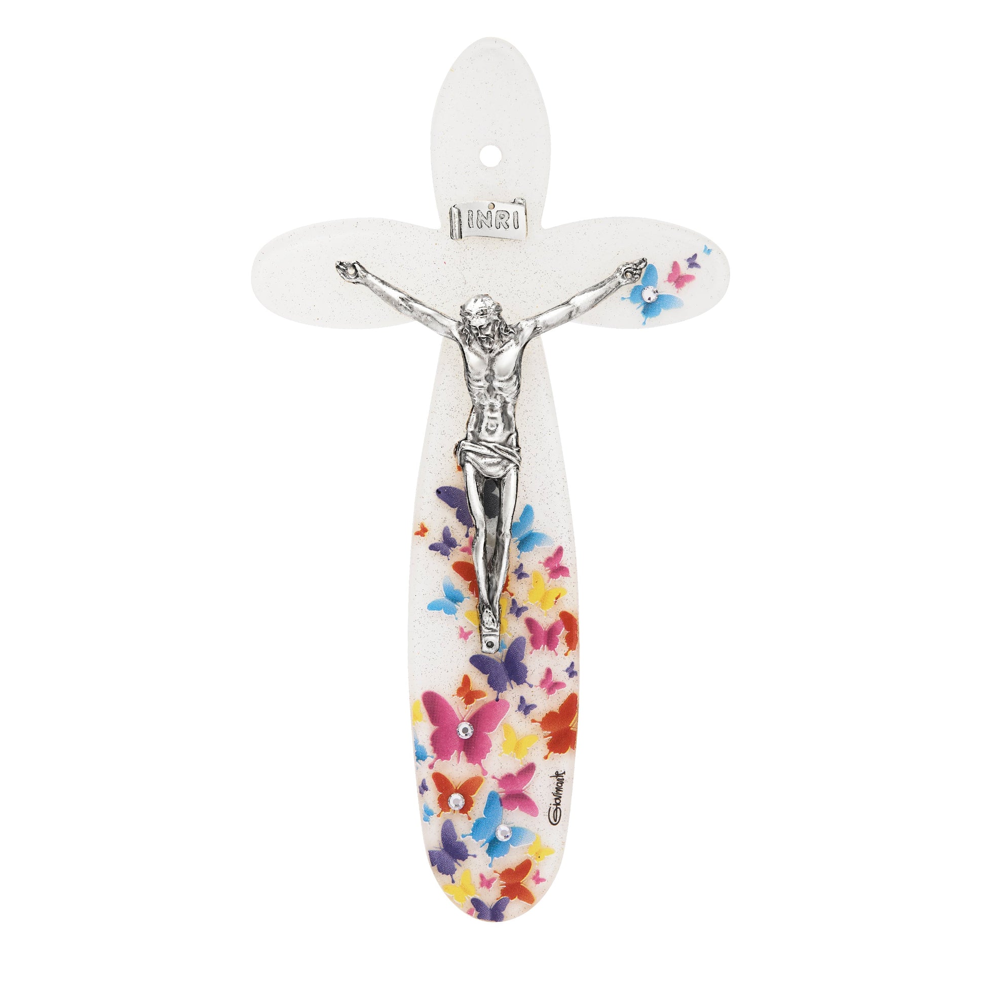 MONDO CATTOLICO ROMA Cross 21 cm (8.27 in) Murano Glass Rounded Crucifix with Butterflies