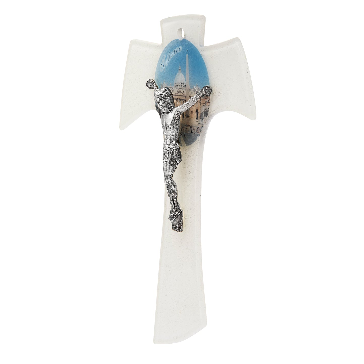 MONDO CATTOLICO ROMA Cross 16 cm (6.3 in) Murano Glass Tau Cross with Circle Depicting St. Peter's Square