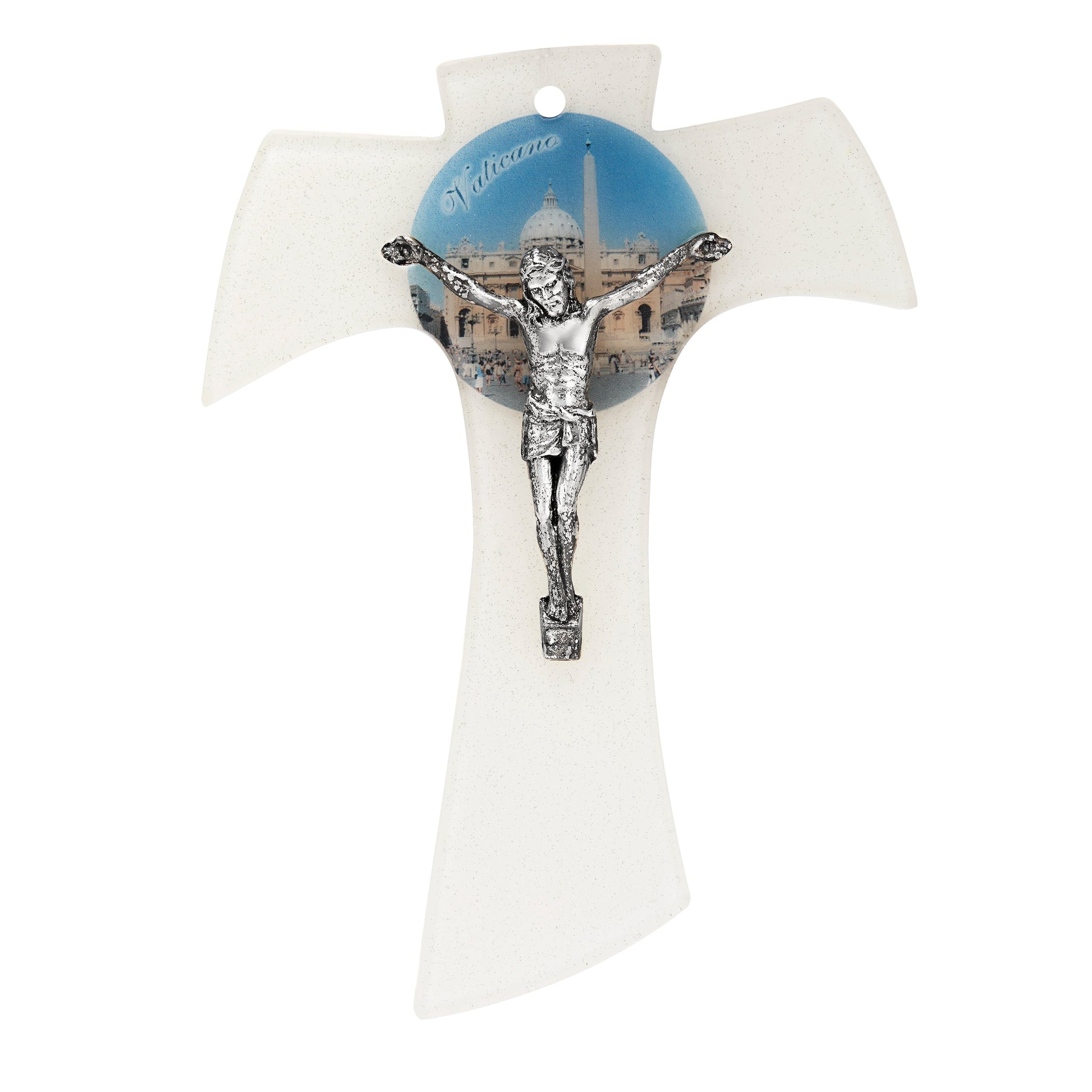 MONDO CATTOLICO ROMA Cross 16 cm (6.3 in) Murano Glass Tau Cross with Circle Depicting St. Peter's Square