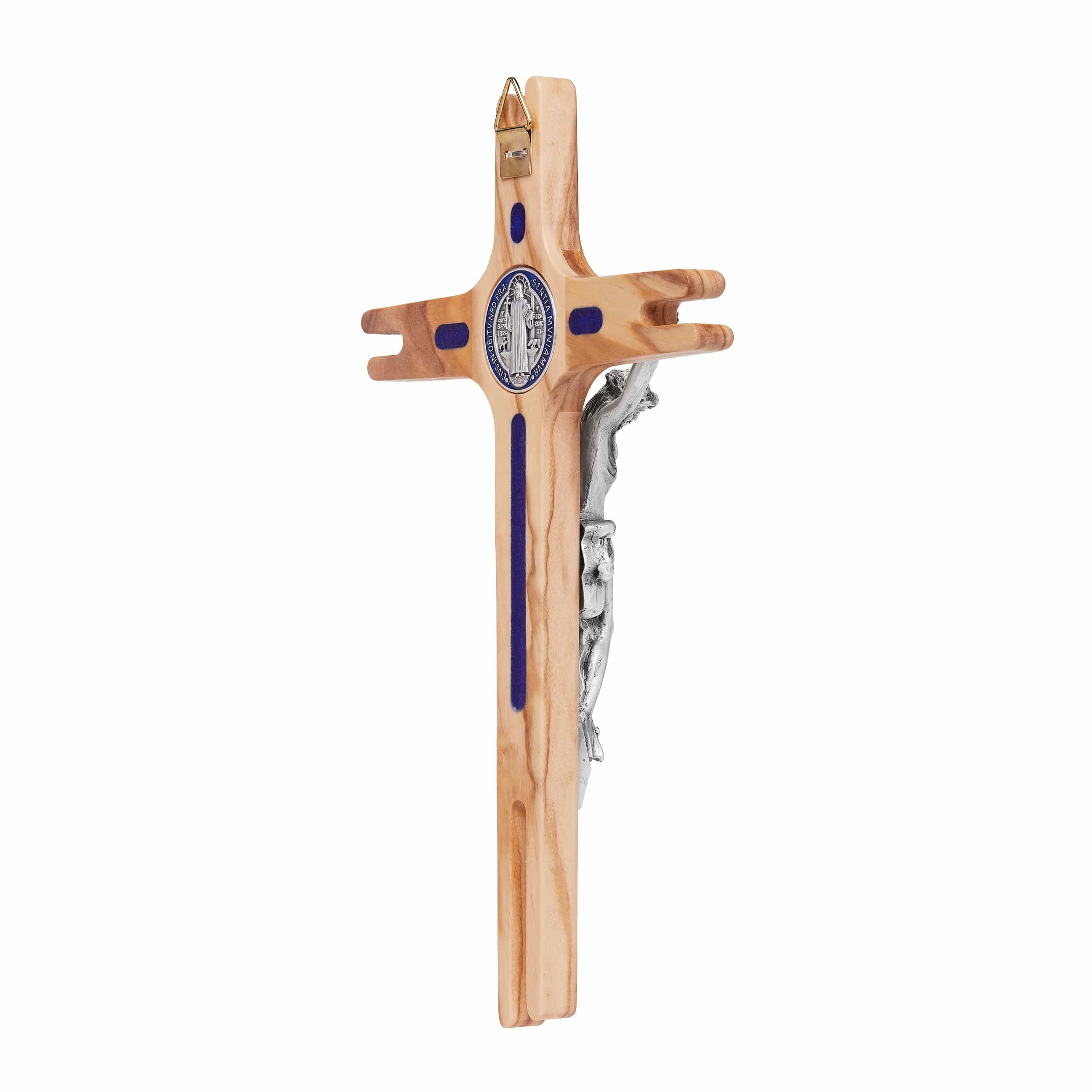 Olive Wood St. Benedict Crucifix With Blue Enameled Medal | MONDO CATTOLICO