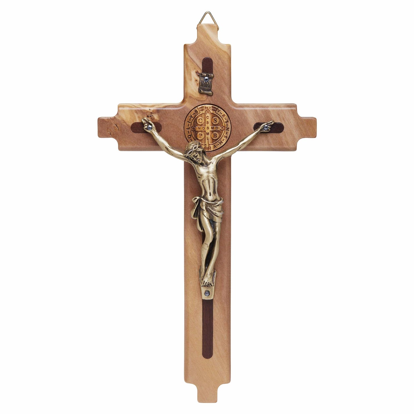 Olive Wood St. Benedict Crucifix With Golden Medal | MONDO CATTOLICO