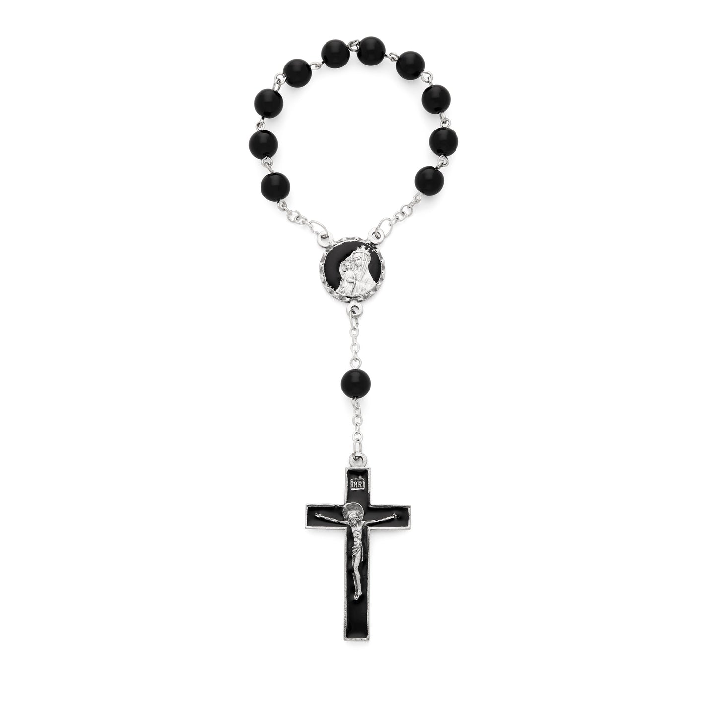 MONDO CATTOLICO ROMA Rosary 15 cm (5.91 in) / 18 cm (7.09 in) / 8 mm (0.31 in) One Decade Rosary with Black Onyx Beads and Black Enameled Centerpiece and Crucifix