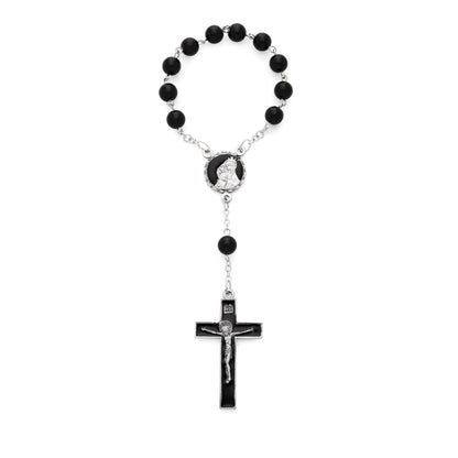 MONDO CATTOLICO ROMA Rosary 15 cm (5.91 in) / 18 cm (7.09 in) / 8 mm (0.31 in) One Decade Rosary with Black Onyx Beads and Black Enameled Centerpiece and Crucifix