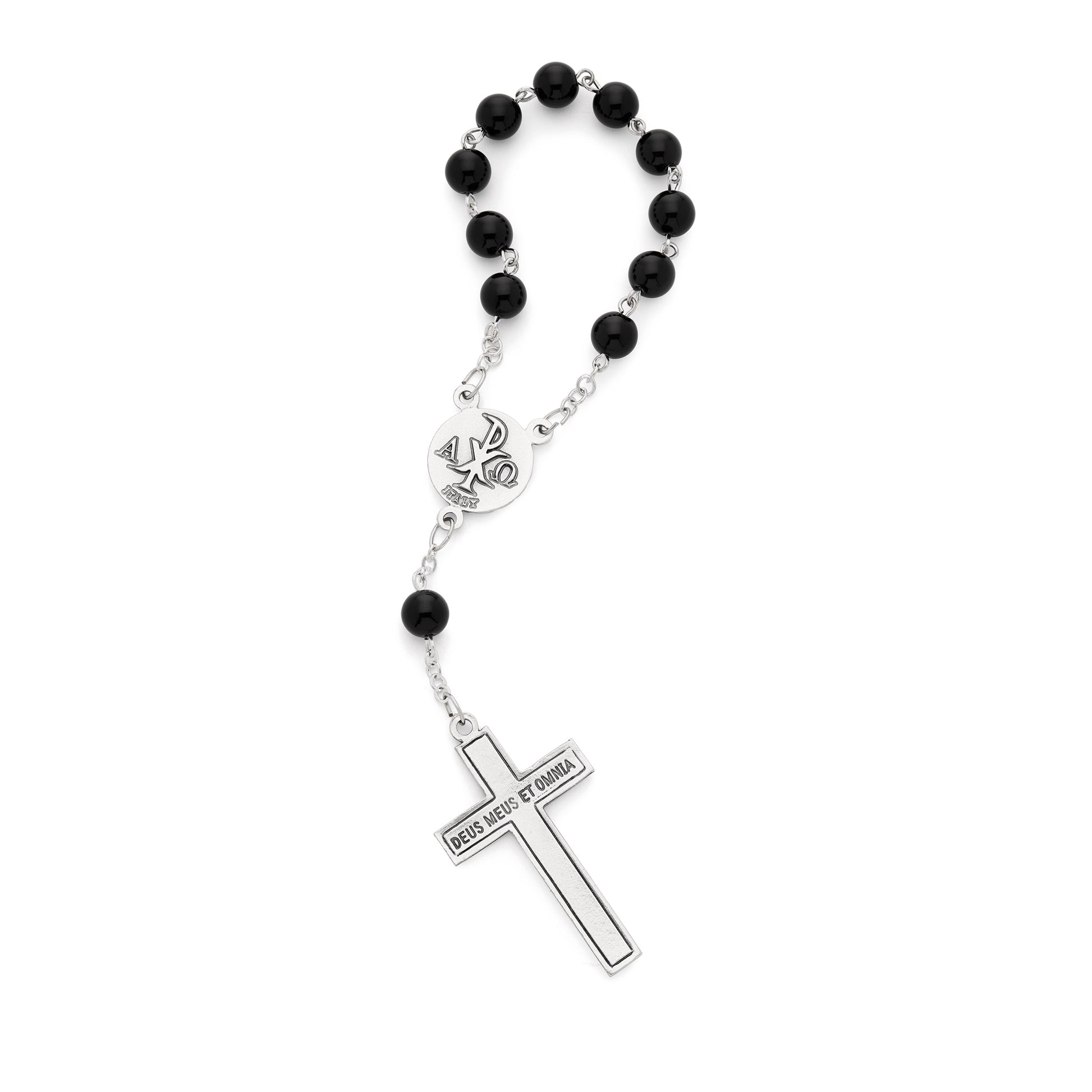 MONDO CATTOLICO ROMA Rosary 15 cm (5.91 in) / 18 cm (7.09 in) / 8 mm (0.31 in) One Decade Rosary with Black Onyx Beads and Black Enameled Centerpiece and Crucifix