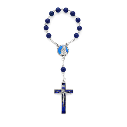 MONDO CATTOLICO ROMA Rosary 15 cm (5.91 in) / 18 cm (7.09 in) / 8 mm (0.31 in) One Decade Rosary with Lapis Beads and Blue Enameled Centerpiece and Crucifix