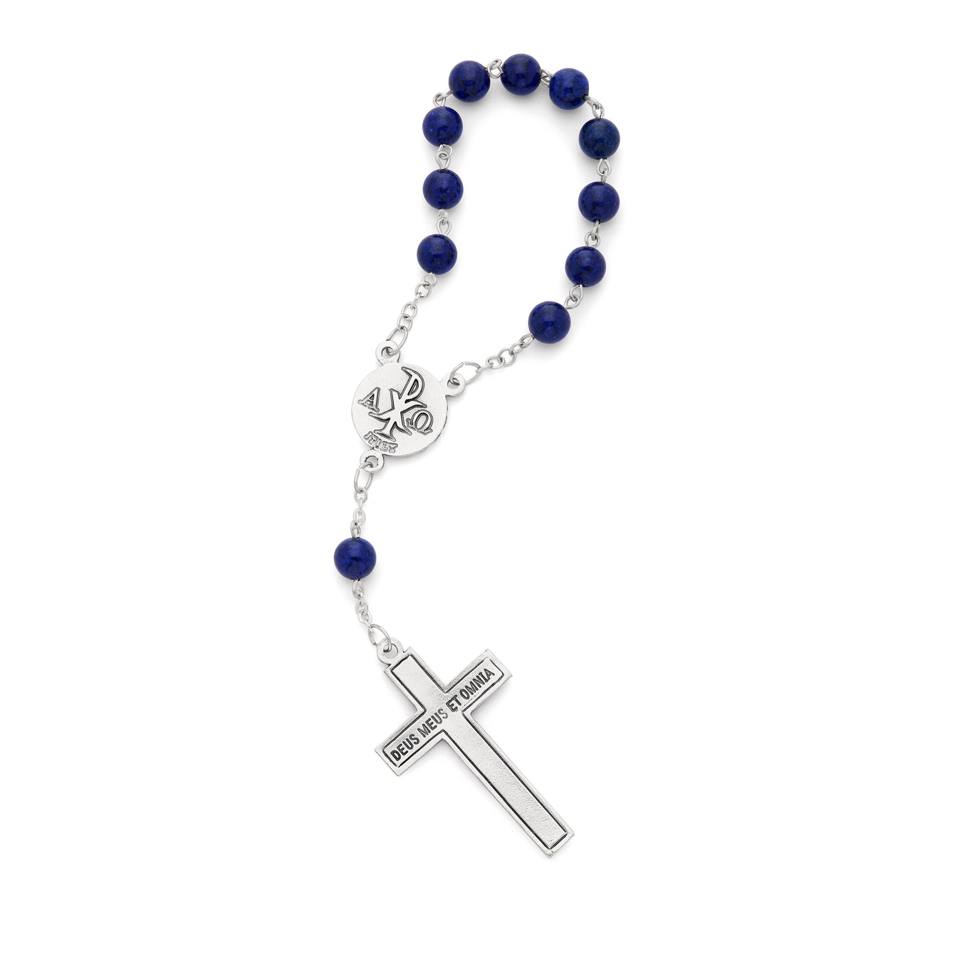 MONDO CATTOLICO ROMA Rosary 15 cm (5.91 in) / 18 cm (7.09 in) / 8 mm (0.31 in) One Decade Rosary with Lapis Beads and Blue Enameled Centerpiece and Crucifix