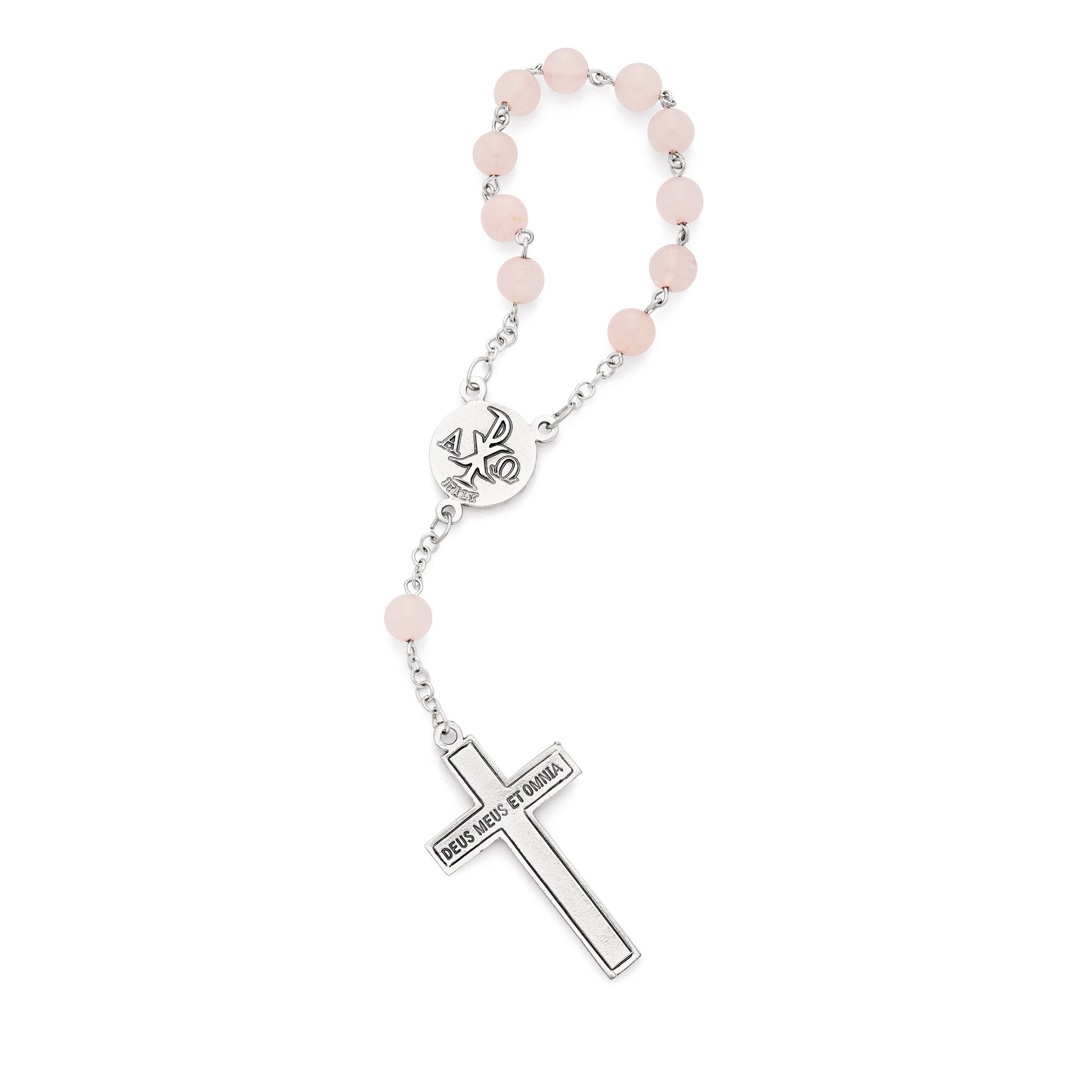 MONDO CATTOLICO ROMA Rosary 15 cm (5.91 in) / 18 cm (7.09 in) / 8 mm (0.31 in) One Decade Rosary with Rose Quartz Beads and Pink Enameled Centerpiece and Crucifix