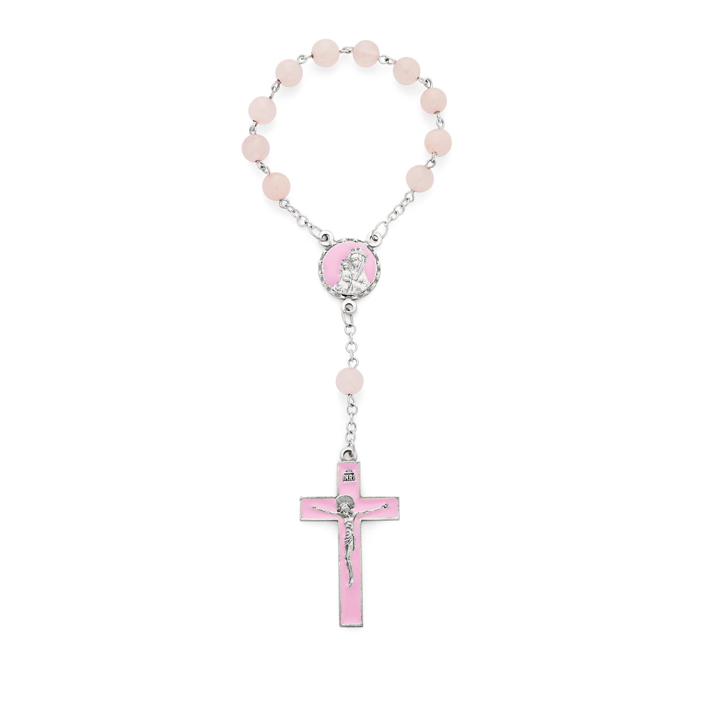 MONDO CATTOLICO ROMA Rosary 15 cm (5.91 in) / 18 cm (7.09 in) / 8 mm (0.31 in) One Decade Rosary with Rose Quartz Beads and Pink Enameled Centerpiece and Crucifix