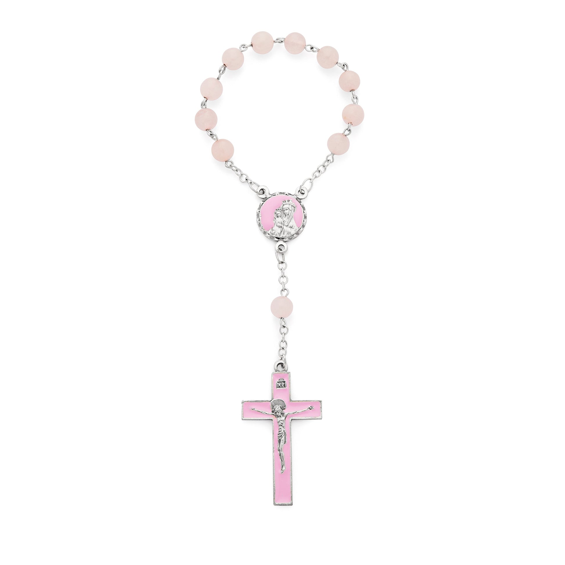 MONDO CATTOLICO ROMA Rosary 15 cm (5.91 in) / 18 cm (7.09 in) / 8 mm (0.31 in) One Decade Rosary with Rose Quartz Beads and Pink Enameled Centerpiece and Crucifix