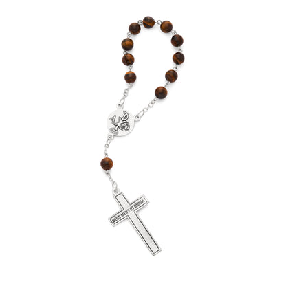 MONDO CATTOLICO ROMA Rosary 15 cm (5.91 in) / 18 cm (7.09 in) / 8 mm (0.31 in) One Decade Rosary with Tiger's Eye Beads and Brown Enameled Centerpiece and Crucifix