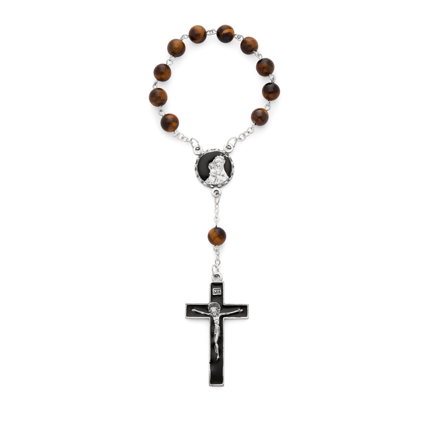 MONDO CATTOLICO ROMA Rosary 15 cm (5.91 in) / 18 cm (7.09 in) / 8 mm (0.31 in) One Decade Rosary with Tiger's Eye Beads and Brown Enameled Centerpiece and Crucifix