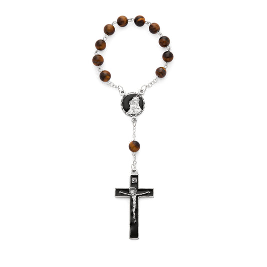 MONDO CATTOLICO ROMA Rosary 15 cm (5.91 in) / 18 cm (7.09 in) / 8 mm (0.31 in) One Decade Rosary with Tiger's Eye Beads and Brown Enameled Centerpiece and Crucifix